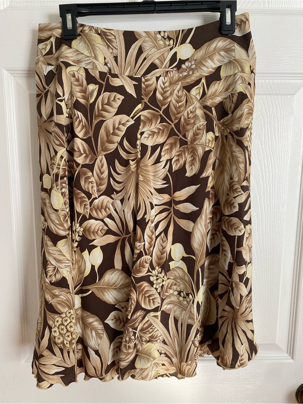 Talbots Petites 100% Silk Tropical Leaf Skirt Brown Cream Midi Boho | Size 8